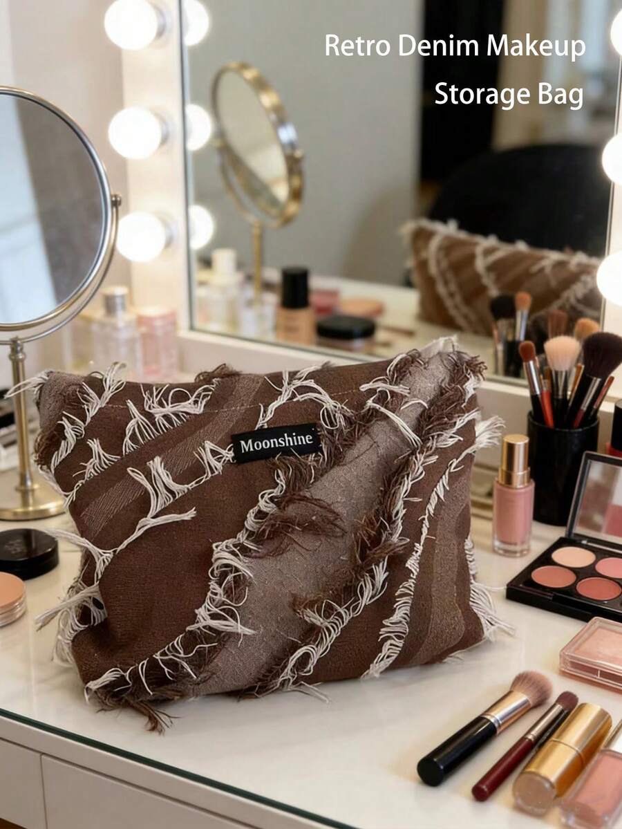 1pc Mini Makeup Storage Box, New Vintage Denim Tassel Square Cosmetic Jewelry Storage Bag, Portable Travel Waterproof Organizer Pouch, Multi-Functional Large Capacity Makeup Bag For Cosmetics, Brushes, Towels, Toothbrush, Suitable For Daily Outings, Travel, Gift For Girlfriend, Coworker, Friend, Birthday, Valentine's Day - Multicolor - View 1