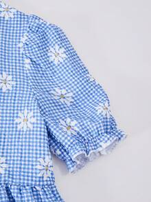 Summer Girls' Sweet & Fresh 2pcs Set, Blue & White Plaid Puff Sleeve Top With Floral Print & Bow Decor, Paired With Matching Loose Casual Pants, Stylish Outfit - Blue - View 9