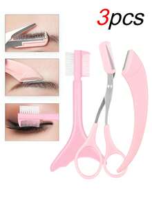 3pcs Eyebrow Grooming Tool Kit, Includes Eyebrow Shaping Scissors, Curved Eyebrow Razor, Manual Hair Removal Trimmer, Beginner Beauty Accessories, Eyeshadow & Eyeliner Applicators, Lash Comb, Best Gift For Valentine's Day, Portable Travel Tool, Reusable Beauty Tools - Pink - View 2