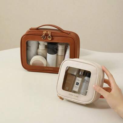 Transparent Cosmetic Bag With Visible Window, Large Capacity + Portable, Leather Transparent Toiletry Bag With Visible Window Design, Birthday Gift