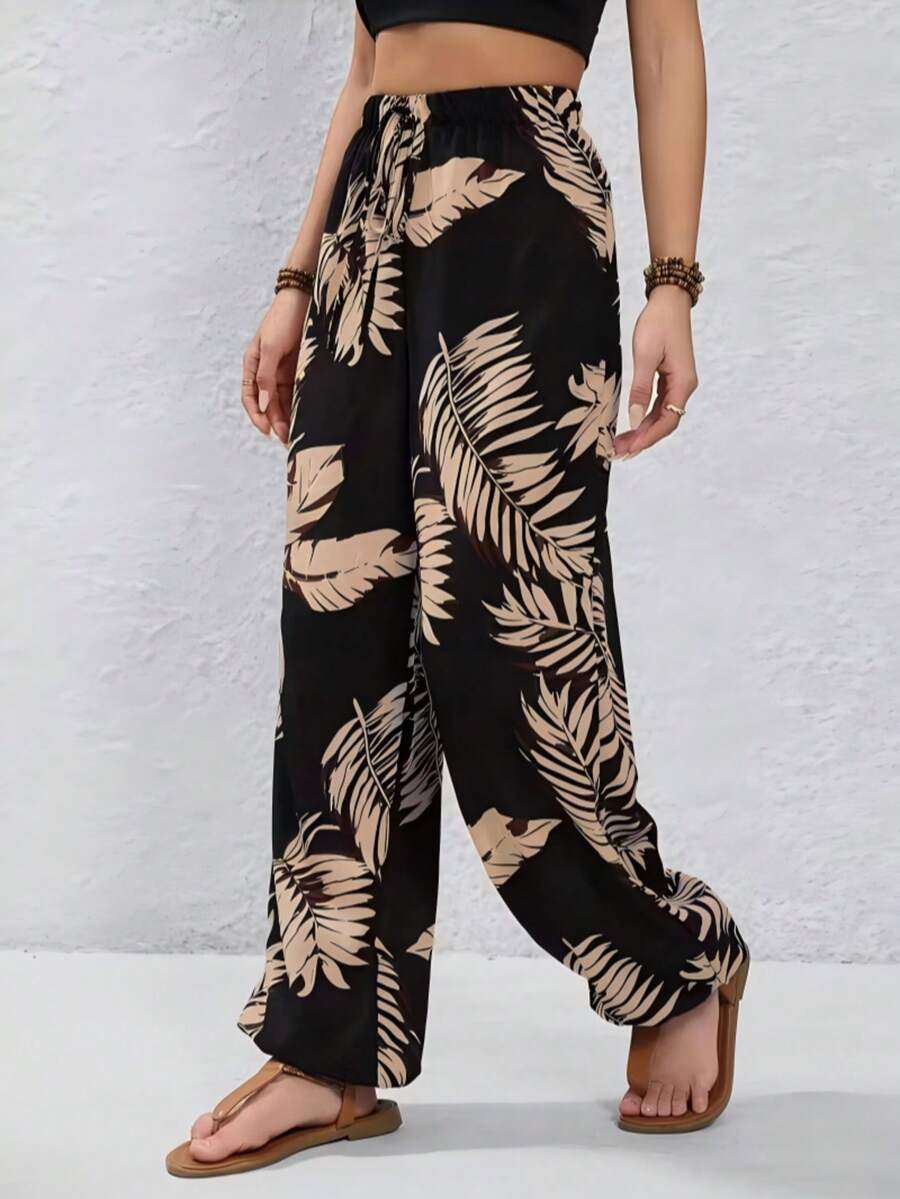 Pantalones con estampado botánico y cintura ajustable para tallas grandes, mono con cremallera y estampado de hojas todo sobre - Negro - Ver 1