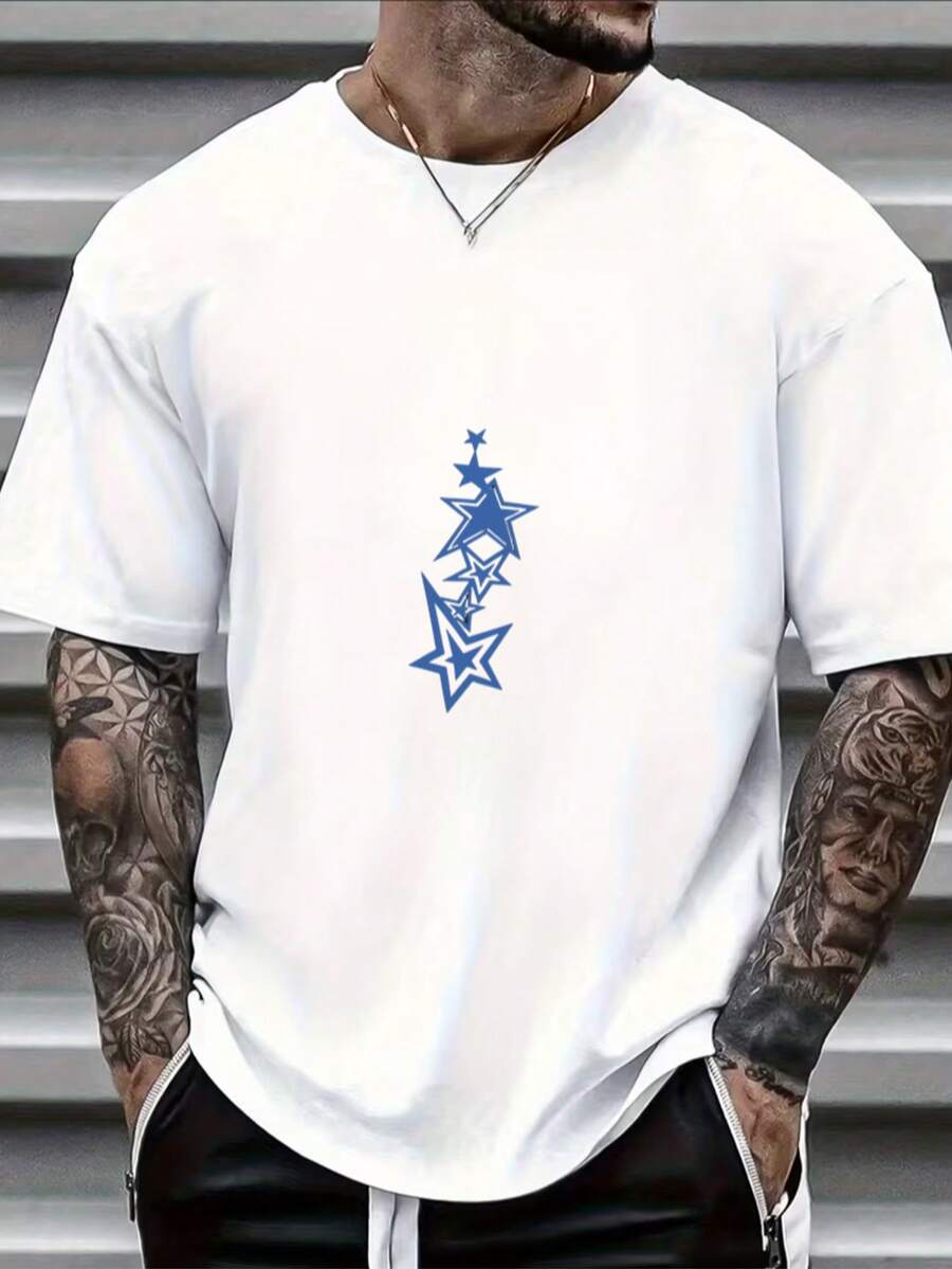 Essential Dark Blue Cotton T-Shirt Blue Star Pattern Design - White - View 1