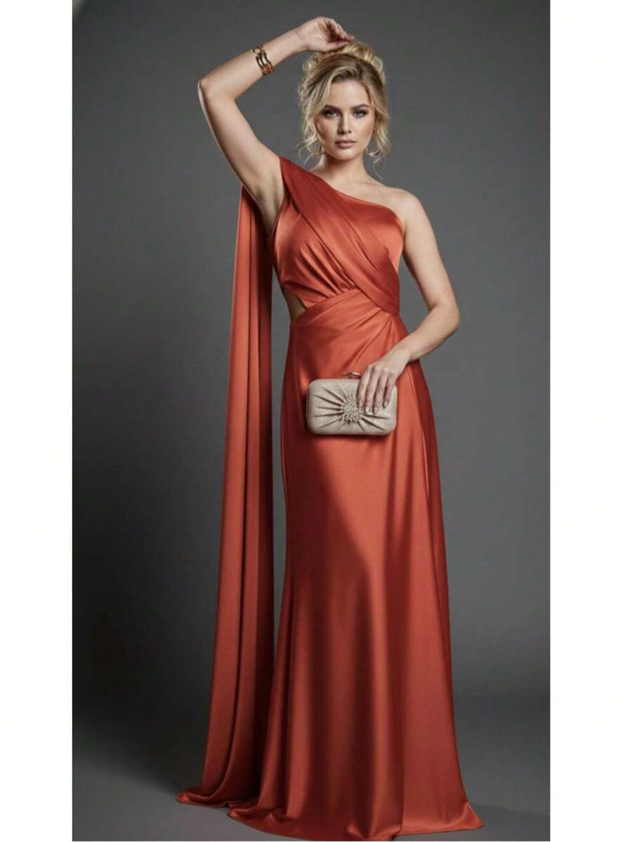 Bridesmaid Dress For Graduation Guests With Cape Sleeves In Satin Trilobal, Fuchsia, Olive Green, Emerald, Terracotta, White Or Black Bride - đất nung - Xem 1