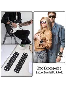 朋克风铆钉皮手链，男女通用，朋克摇滚铆钉手链套装，铆钉皮手链，80年代复古腕带，Emo风格手链，可调节朋克配饰，铆钉皮手链，适合日常佩戴和作为礼物，也适合派对、万圣节等场合。