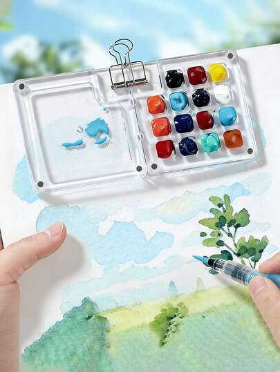 1pc Acrylic Watercolor Painting Palette, 15 Slots Mini Watercolor Pigment Box, Portable For Journaling, Sketching, Travel Painting Back To School,Back To School,School Supplies