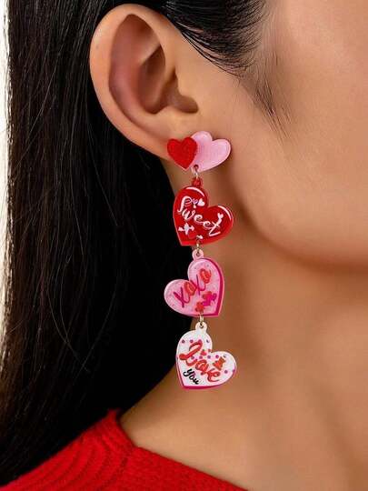 1 Pair Fashionable Acrylic Heart Shaped Long Dangle Earrings, Gift For Girls On Valentine's Day