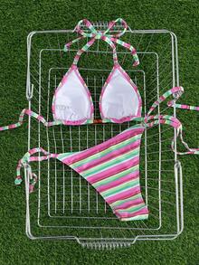 Bộ bikini buộc dây cổ yếm phối màu tươi tắn, kiểu dáng châu Âu và Mỹ dành cho nữ, gồm áo và quần tam giác, thích hợp cho kỳ nghỉ hè trên bãi biển. - màu xanh lá - Xem 6