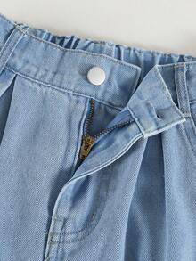 2件套女童户外休闲可爱荷叶边吊带背心和复古水洗直筒牛仔裤套装 - 淺色水洗藍 - 查看 9