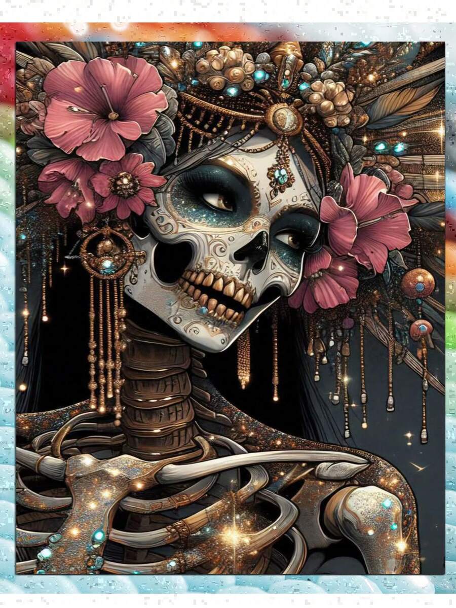 Flowers Skull Face Woman Diamond Art Kits For Adults, Skeleton Diamond Painting Kits For Adults, 5D DIY Paint By Diamond Round Full Drill Home Wall Decor Gift - Multicolor - View 1
