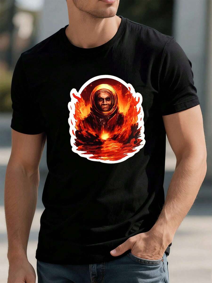 T-Shirt mit Astronautenfeuer-Grafikprint, Premium-Material, Street Hip-Hop, bequem, strapazierf?hig, Statement-Print - Schwarz - Übersicht 1