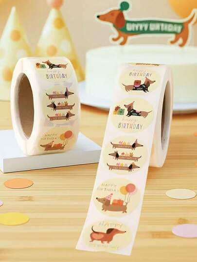 500pcs/Roll, Gift Wrap Tags, Sausage Dog Birthday Circular Stickers, Yellow Happy Birthday Stickers, Gift Label Stickers, Happy Birthday Party Supplies, Baby Shower Party Decorations, Party Gifts