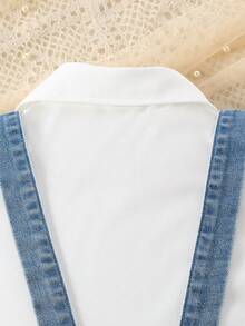 2pcs/Set Girls Denim Suspender Skirt Outfit, Summer New Casual Versatile Ruffled Collar White Shirt And Knee-Length Skirt Set - White - View 10