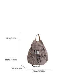 1pc Fashionable Plaid Multi-Pocket Nylon Casual Backpack, Waterproof Lightweight Foldable Drawstring Patch Letter Travel Bag - Multicolor - View 5
