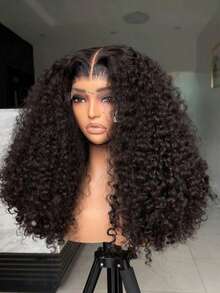 34英寸卷曲蕾丝前假发，200%密度，13x4高清透明杰瑞卷发混合真人发假发，无胶假发，预先拔毛的卷曲真人发假发，女士款 - 自然色&黑色系 - 查看 6