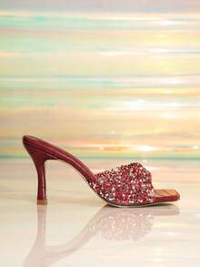 Sandales à talons tops pour femme, style mules sexy et à la mode, bout carré, talon chaton, strass transparents, rouge bordeaux - Rouge foncé - Voir 7