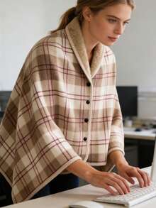 1pc Cozy Plush Wearable Blanket, Checkered Pattern Wearable Blanket Shawl (With Buttons), Super Soft Sleeveless, Vintage Style, Machine Washable, Warm & Comfortable