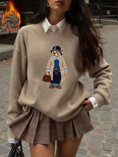 Vintage Cute Bear Pattern Round Neck Faux Knit Sweater For Women, Soft & Comfortable, Retro Unique Design, Casual & Elegant For Autumn/Winter, Non-Bulky Neckline, Machine Washable
