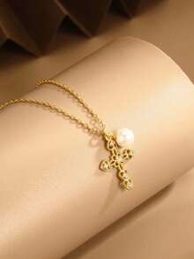 1pc S925 Sterling Silver Vintage Hollow Floral Cross Zirconia Pearl Pendant Necklace, Fashionable Luxurious Elegant Personalized Gold Color Necklace, Exquisite Gift For Girlfriend Or Best Friend - Gold - View 4