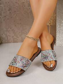 Dép lê thời trang nữ, kiểu dáng slip-on, mặt trên lấp lánh, đế bằng chống trượt, dép cho bé gái, thích hợp sử dụng trong nhà, phòng khách, phòng ngủ, phòng tắm, ngoài trời, bãi biển, tiệc tùng. - Bạc - Xem 3