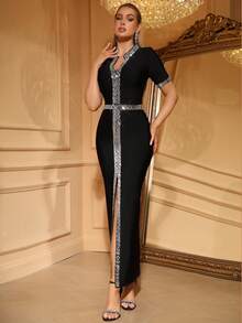 Love Aing 女士黑色正式礼服，手工镶嵌亚克力水钻，奢华优雅V领前开衩设计，适合婚礼、宴会、晚宴、商务场合、舞台表演等春季穿着。 - 黑色 - 查看 5