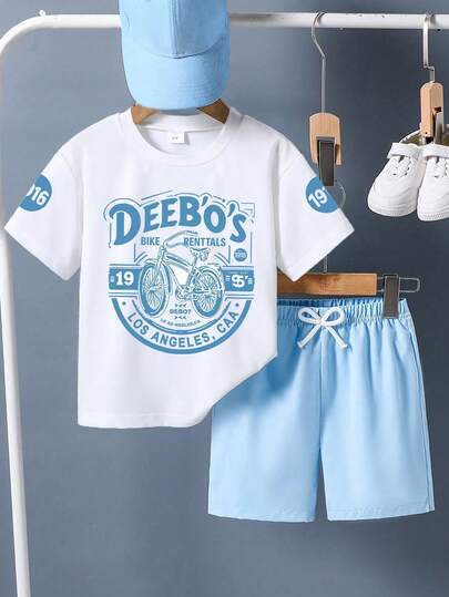 男童字母汽车印花圆领短袖休闲T恤和短裤套装（2件套）