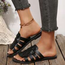 Womens Dressy Summer Sandals Outdoor Walking Travel Flats Slides Shoes Round Toe Braided Comfy Closed Toe Woven Vacation Mules - 黑色 - 查看 5