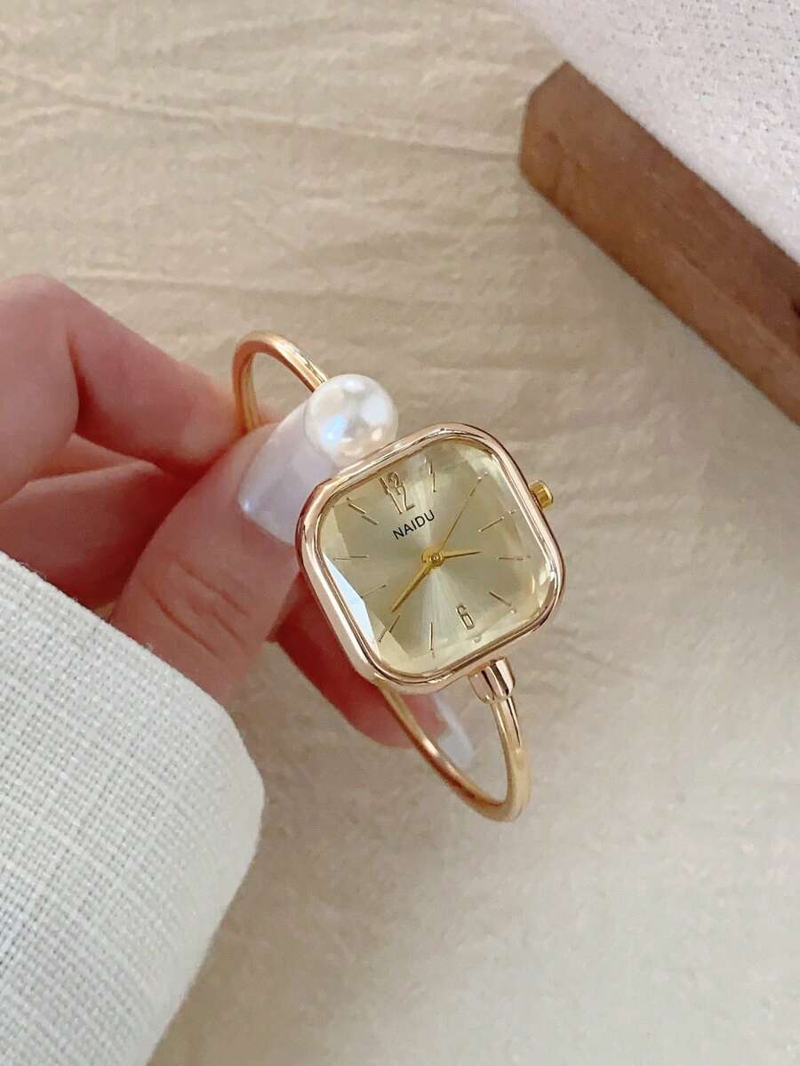 1件女士优雅椭圆形设计绿色表盘银色和金色时尚休闲手表手链款式 - 金色 - 查看 1