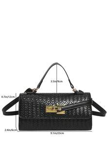 New Solid Color Woven Diagonal Zipper Crossbody Bag, Shoulder Bag, Baguette Bag, Evening Bag, Party Bag - Black - View 3