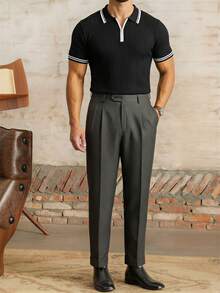 男士休闲百搭撞色滚边短袖针织上衣 - 黑色 - 查看 2