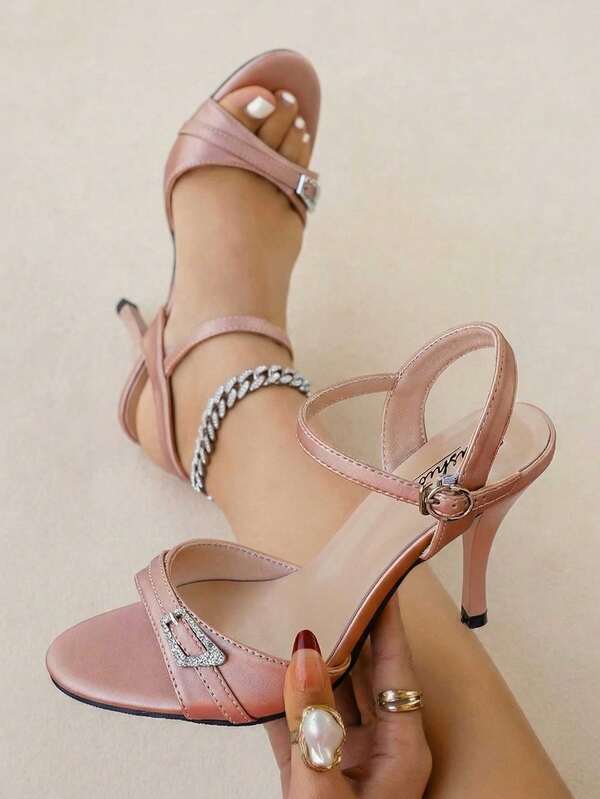 planare New Arrival Rhinestone Buckle Open-Toe Stiletto Sandals For Women, Ankle Strap Design, Elegant Comfortable And Stable, Perfect For Date, Party, Wedding, Summer Wear