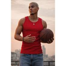 Basic American Ribbed Tank Top - สีแดง - ดู 3