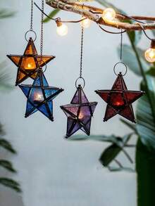 1 pieza Elegante soporte de hierro colgante con forma de estrella de vidrio para vela, Portavelas de té con estrella de 5 puntas vintage a prueba de viento, Adecuado para decoración del hogar, jardín, restaurante, patio