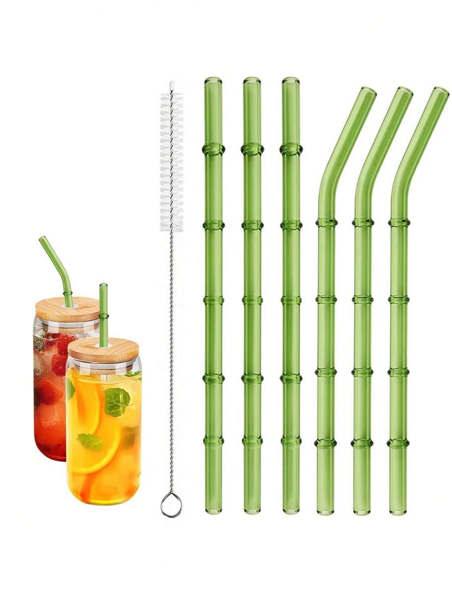 6支装可重复使用玻璃吸管 - 200 x 8毫米，适用于茶、果汁、奶昔、咖啡、冰沙、鸡尾酒 - 包括3支直吸管、3支弯吸管和1个清洁刷 - 彩色 - 查看 1
