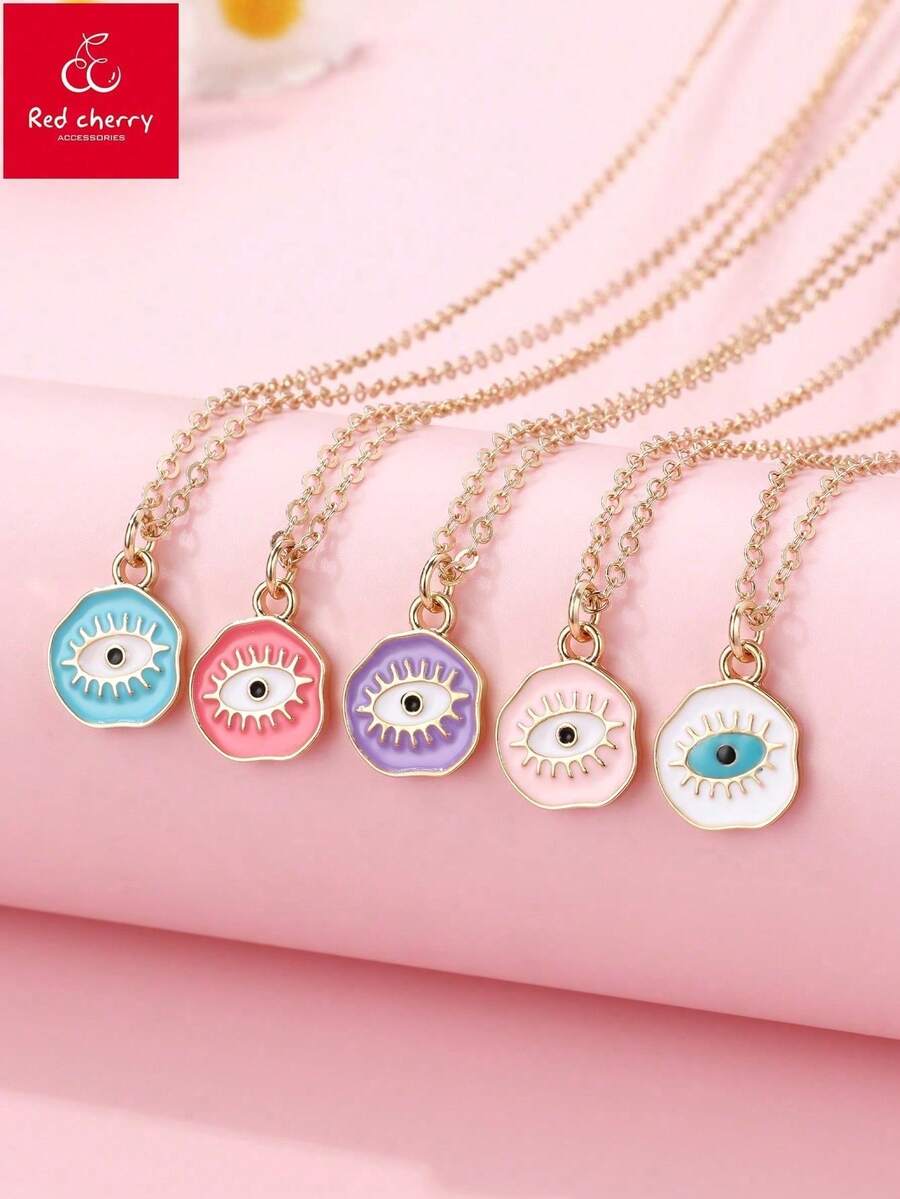 5pcs/Set Demon Eye Zinc Alloy Necklace Set In Blue, Red, Purple, Pink, White Colors, Oil Drop Design, Suitable For Girls And Friends Everyday Wear - one-size - View 1
