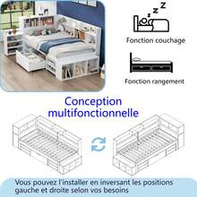 Barnsäng, 90 x 190 cm, enkelsäng, multifunktionell barnsäng med lådor och hyllor, stort förvaringsutrymme, ribbotten ingår, madrass ingår ej, vit. - Vit plywood - Visa 6