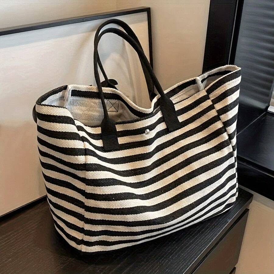 Fashionable Black And White Striped Canvas Handbag With Shoulder Strap - Large Capacity, Portable Commuter Handbag, Suitable For Women's Daily Use, Daily Handbag | Minimalist Design | Canvas Structure - Multicolor - View 1