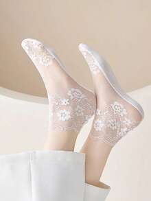 蕾丝袜 女士樱花镂空花卉透明袜 春夏薄款防滑低帮船袜 - 彩色 - 查看 9