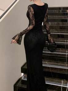 Women's Elegant Fitted Black Lace Patchwork Vintage Style Formal Dress, Suitable For Spring/Summer, Birthday Party, Ball Wedding - Black - View 3
