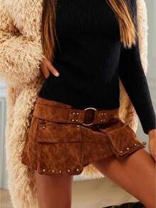 Women's Rivet Trimmed Skorts Fashionable Solid Color Slim Fit Low Waist Mini Skirts With Shorts Underneath For Beach Daily Wear Women's Dark Gray Suede-Like Mini Skirt - Large Metal Ring Belt Multi-Pocket Stud Accents Structured Fit Soft Fabric Stylish Edgy Streetwear Versatile Casual Daily Wear(S-XL) - 棕色 - 查看 1
