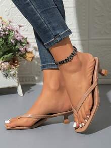 Summer New Soft Leather Square Toe Sandals, Thong Kitten Heel Sandals, Versatile Stilettos Flip Flops For Women - Apricot - View 4