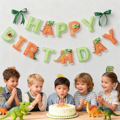 Kids Boys Girls Cute Dinosaur & Leaf Pennant Flags, Birthday Party Decor Wall Hanging Banners