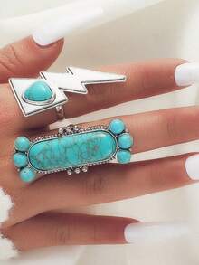 2 Pieces Adjustable Boho Style Turquoise Rings Set For Women's Everyday Wear - Lightning Model - View 9
