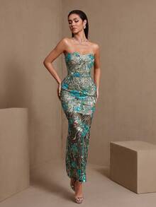 Women's Elegant Beaded Double-Layer Bustier Formal Dress, Suitable For Wedding Guest - Green - View 5