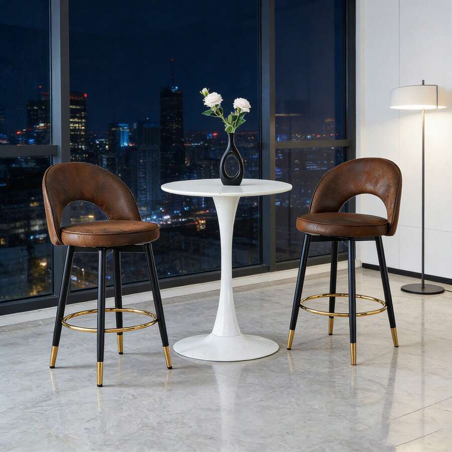 Tabouret de bar pivotant 360° - Revêtement technologique brun respirant et confortable - Siège rembourré, adapté à la cuisine, salle à manger, bar ou terrasse - Vendu par pack de 2 - Marron + Noir + Tissu + Métal + Lot de 2 - Voir 1