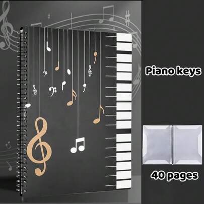 1pc Music Score Clip - Dual-Use Music Score Clip (Black), 20 Pages Can Be Written On The Exposed Pages, Spiral Notebook Loose-Leaf Binder Storage Box, PP Material Loose-Leaf Binder, Large Capacity, Can Be Placed Flat - Vertical Piano Keys, Waterproof, Thickened, Transparent Inner Pages, Multiple Pockets, Large Capacity Multi-Layer, Moisture-Proof And Wrinkle-Resistant, Multifunctional Convenient File Folder, Suitable For Students And Office Workers