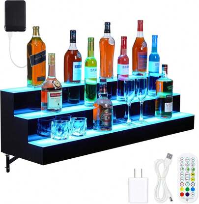 Estante Exhibidor de Botellas de Licor con LED, Estante de Bar Iluminado con Control Remoto y App, 16 Colores y 4 Modos, Soporte de Acrílico para Botellas de Licor