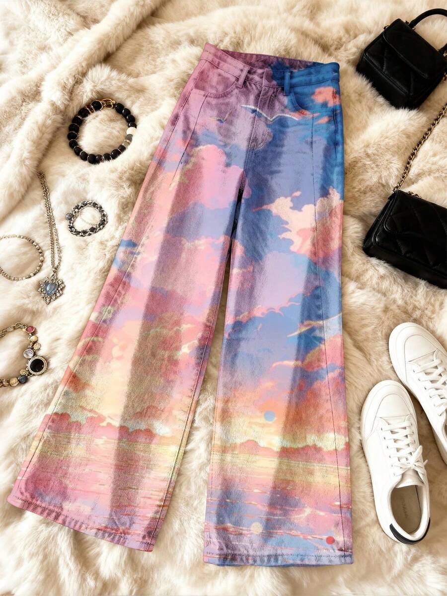 Women's Faux Denim Pants Pastel Cloud Sky Gradient Pattern Print Autumn And Winter Pants Belt Style Hole High-Elastic Loose Mid-Waist Comfortable - 彩色 - 查看 1