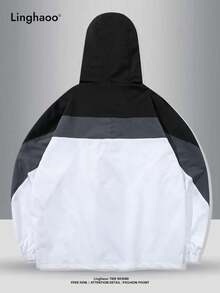 Driftmere Men's Autumn/Winter Contrast Color Drawstring And Zipper Closure Hooded Jacket - Black and White - View 6