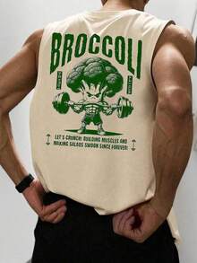 Men's Broccoli & Dumbbell Print Round Neck Casual Sleeveless Tank Top, Summer - Khaki - View 1