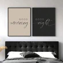 2pcs Unframed Canvas Wall Art, Modern Art, Good Morning, Good Night, Inspirational Quotes, Black And White Creative Mixed Room Decor, Wall Art Poster, Living Room Sofa Background Decor, Entryway Hallway Decor, Home Decor, Bedroom Decor, Bathroom Decor, Room Decor, Office Decor, School Decor, Art Gift - Multicolor - View 2